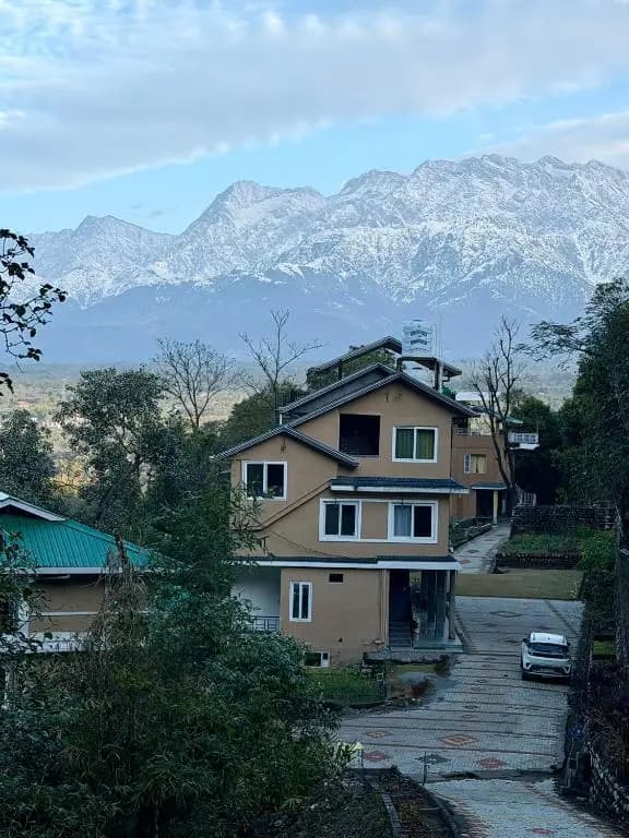 Guesthouse among trees below the snow-capped Dhauladhar range near Palampur in Himachal Pradesh
