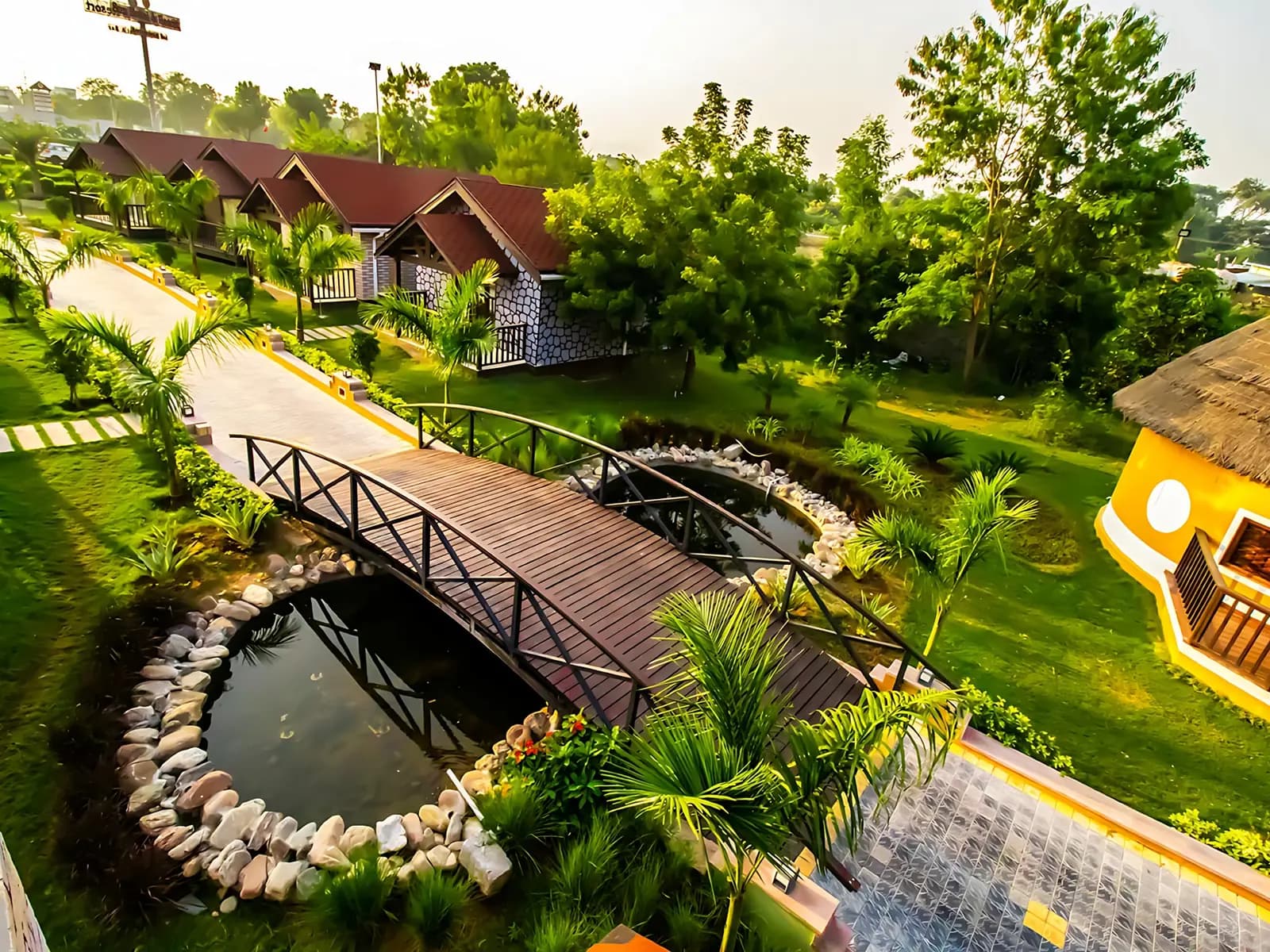 Wooden footbridge over a lily pond between garden cottages at a wellness retreat in Abu Road, Rajasthan